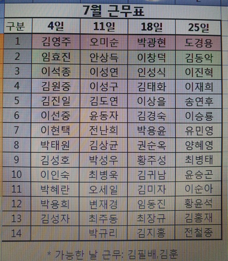 7월근무표
