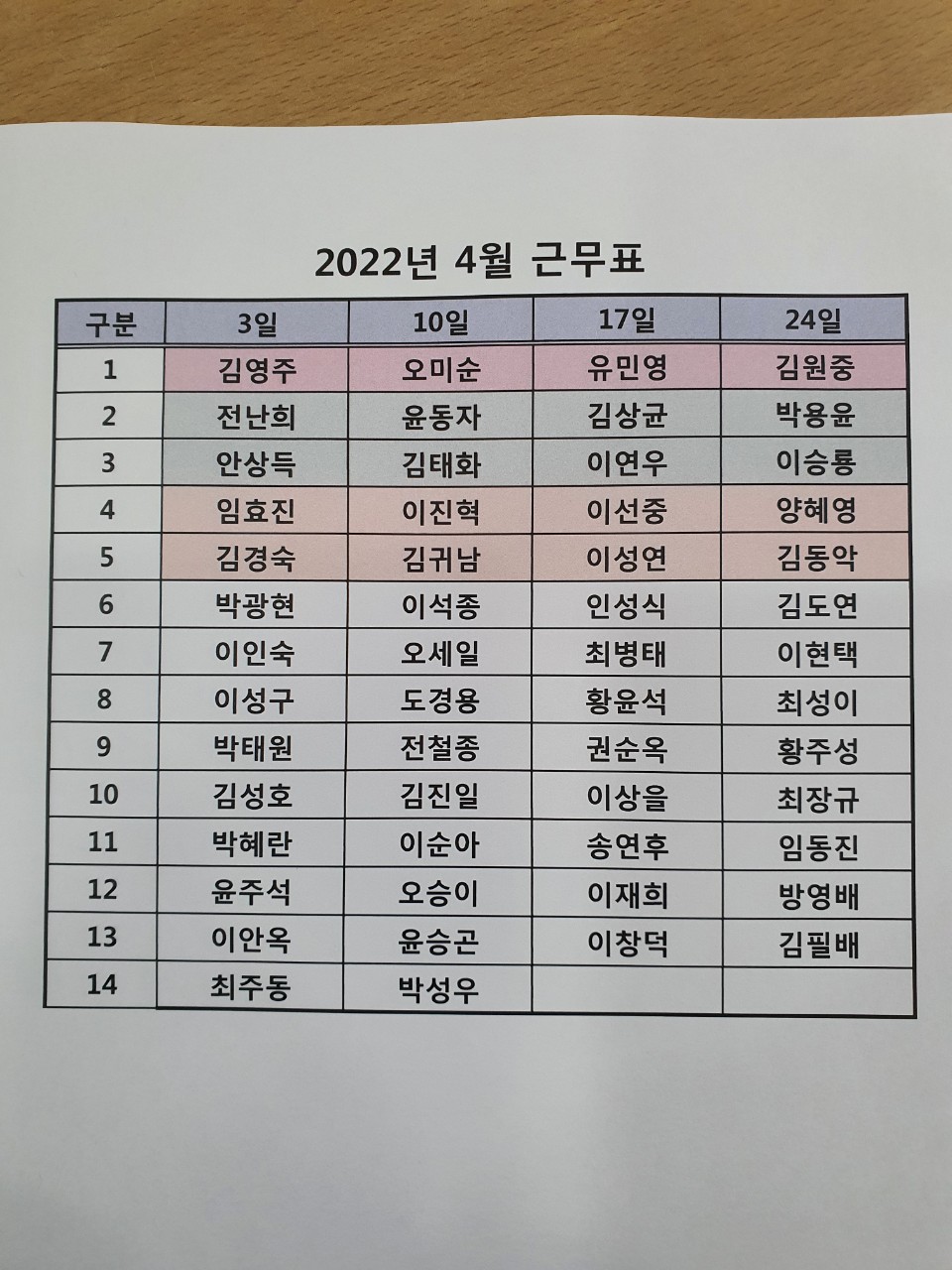 천안시산악구조대-4월 근무표입니다